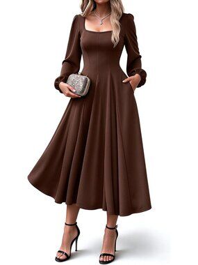 Chic Women's Long Sleeve Maxi Dress for Fall Weddings - Pockets & Elegant Style
